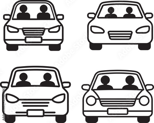 Four black and white line art depictions of cars viewed from the front each occupied