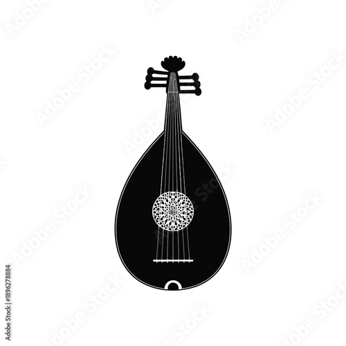 A black and white illustration of a traditional oud musical instrument