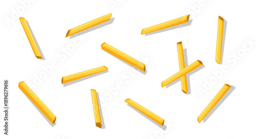 Delicious golden french fries are scattered randomly across a clean white background in this bright illustration