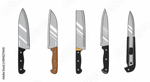 Collection of five assorted kitchen and utility cutting tools displayed against a clean white background