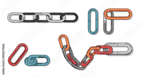 Assorted colorful metal chain links displayed in various connection styles across a white background