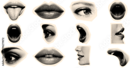 Halftone pop art sticker sheet close up fragmented facial features collage with lips eye nose mouth profiles in vintage beige vector