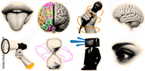 Pop art halftone sticker set close collage of tongue and split brain with colorful scribble accents microphone megaphone hourglass eye