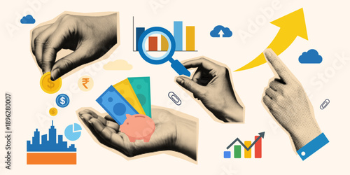 Pop art halftone collage close up hands holding cash magnifier piggy bank and upward arrow indicating business finance growth analytics city
