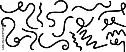 A collection of abstract black squiggles on a white background creating a chaotic yet harmonious visual pattern