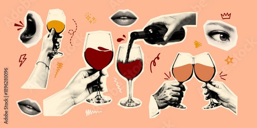 Pop art collage close up of hands toasting red wine glasses with retro halftone texture and peach background, celebratory warm mood