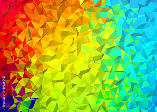 Vibrant low-poly abstract background in a rainbow gradient of red, orange, yellow, green, and blue, showcasing a geometric mosaic pattern with a bright, energetic feel