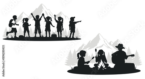 Silhouette illustration of children hiking and camping with family outdoors