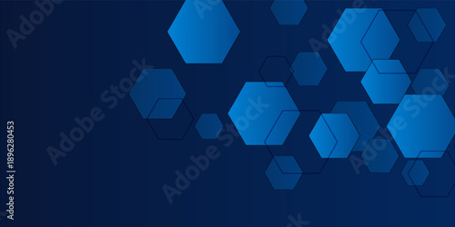 Abstract geometric hexagon shapes on blue background. Modern hexagonal pattern design elements. Medical, technology and science concept. Space for your text. eps10