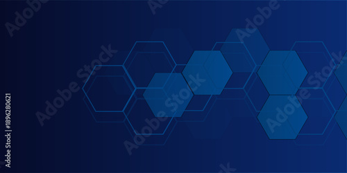 Abstract geometric hexagon shapes on blue background. Modern hexagonal pattern design elements. Medical, technology and science concept. Space for your text. eps10