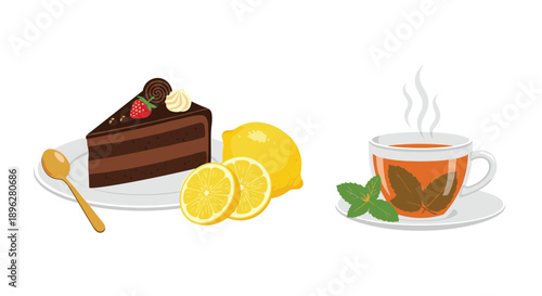 Indulgent slice of chocolate layer cake served with fresh lemons and a warm cup of herbal mint tea for a relaxing afternoon dessert break.