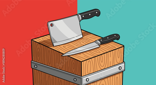Professional kitchen tools including a cleaver and knife displayed on a wooden block against a bold red and teal split artistic background.