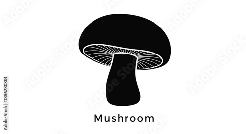 Bold black silhouette of a single mushroom with text ideal for simple logo design or culinary identification labels on white background.