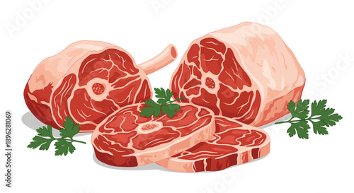 Selection of raw red meat pieces with bones is garnished with fresh sprigs of green parsley for a gourmet cooking presentation.