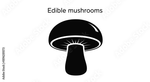 Simple black silhouette of an edible mushroom is shown with decorative text above it on a clean and minimal white background.