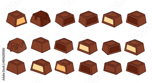 Large set of chocolate pralines with various delicious fillings is shown in detailed cross-section views for a sweet candy selection.