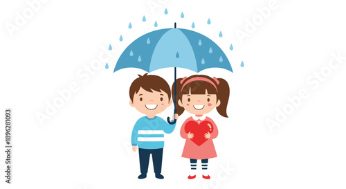 Two happy children a boy and a girl are standing under a large blue umbrella during a rain shower while holding a bright red heart.