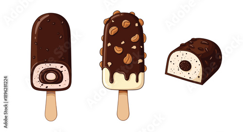 Three chocolate-covered ice cream bars on sticks and a cross-section view show vanilla and chocolate centers with nut toppings.