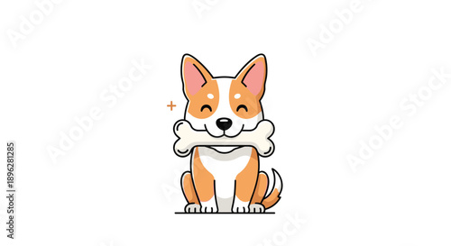 Adorable cartoon corgi dog is sitting and holding a large white bone in its mouth with a happy smile and bright eyes.