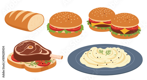 Platter of delicious food items features burgers a loaf of bread mashed potatoes and a steak sandwich with garnish on white.