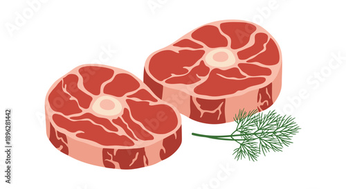 Two thick slices of raw meat with bone marrow in the center are garnished with a fresh sprig of green dill for a gourmet presentation.