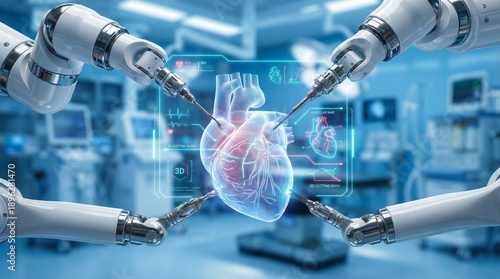 Precision Telemedicine: Advanced Autonomous Robotic Surgery Arms Performing Delicate Remote Operation on Translucent Synthetic Heart with Holographic AR Data Overlay