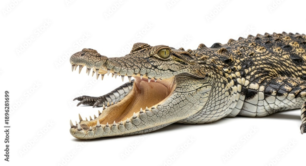 Obraz premium Open-mouthed reptile with visible teeth against a stark white background