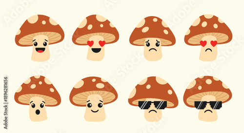 Collection of cute cartoon mushroom characters with various emotional expressions and sunglasses on a warm light background.
