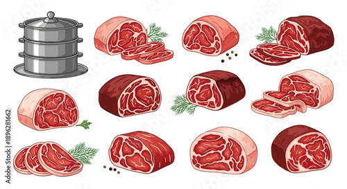 Comprehensive selection of raw meat cuts including steaks and sliced pieces with herbs and a stainless steel steamer on white.