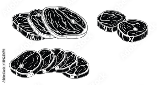 Detailed black and white ink style sketches of various beef steak cuts showing marbling and texture for butcher shop decor.