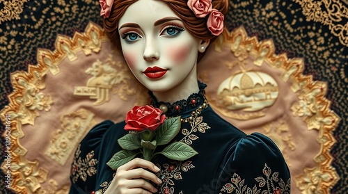 Elegant Victorian woman holding red rose in ornate gold textile pattern portrait