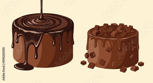 Decadent chocolate cakes featuring one with smooth dripping dark glaze and another topped with chunky chocolate pieces.