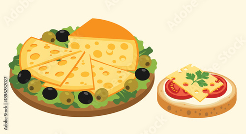Gourmet cheese platter with olives and lettuce alongside a single small round cheese and tomato appetizer on white.