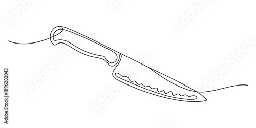A minimalist continuous line art illustration of a serrated kitchen knife