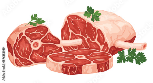Fresh raw meat chops with attached bones and sprigs of parsley ready for cooking a gourmet and delicious protein rich meal.