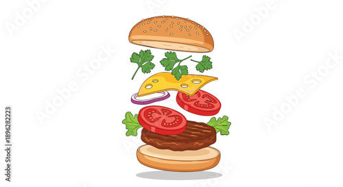 Graphic illustration of a hamburger with all its ingredients like meat, cheese, tomato, onion, and lettuce floating in layers.