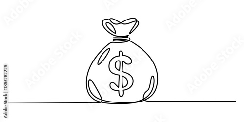 Continuous line drawing of a money bag icon with dollar sign on white background
