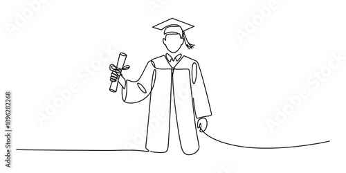 Continuous line art of a graduate holding a diploma celebrating academic achievement