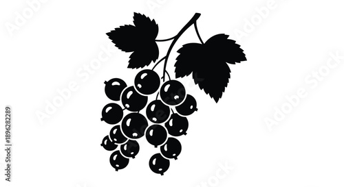 Solid black silhouette of a cluster of berries on a branch with leaves for simple fruit and nature themed graphics.