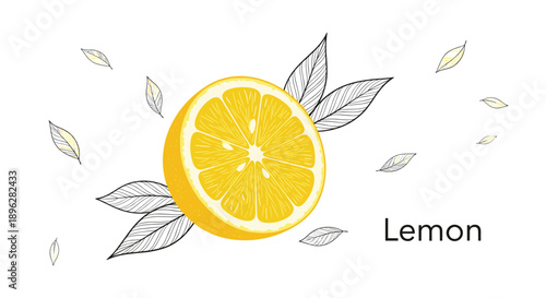 half of a juicy yellow lemon with artistic leaves is shown as a refreshing citrus fruit for drinks and healthy recipes.