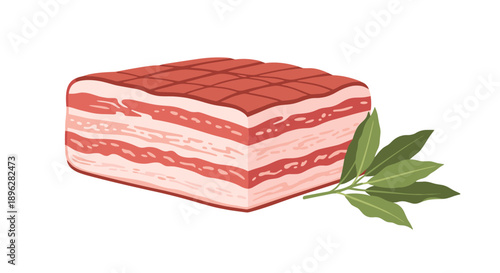 solid block of cured pork belly bacon is paired with a sprig of bay leaves for a traditional cooking ingredient.