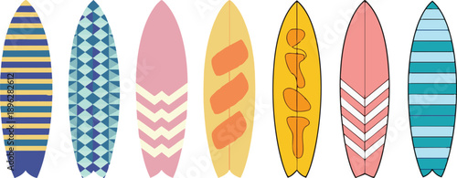 Surfing board vector set. Surfboard summer elements in colorful pattern design isolated in white background. Vector illustration summer surfing board elements collection