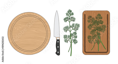 kitchen set for cooking includes two wooden cutting boards, a chef knife, and fresh sprigs of dill for preparation.