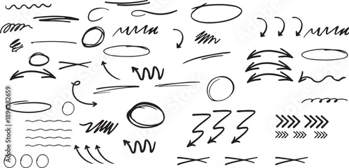 Collection of hand drawn arrows and abstract shapes