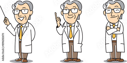 Three cartoon poses of an elderly male scientist wearing glasses and a white lab coat, smiling and gesturing with a pointer, pointing finger, and crossed arms.