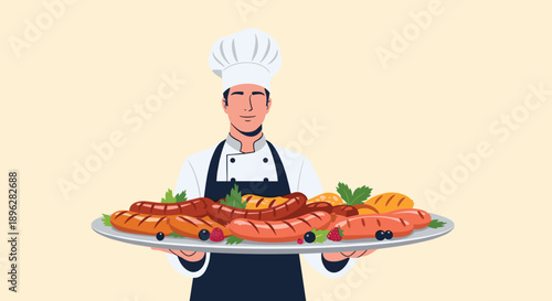 friendly professional chef in a white hat and apron holds a large platter filled with grilled sausages and herbs.