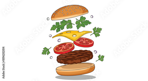 exploded view of a delicious hamburger shows all ingredients including meat patty, cheese, tomato, and lettuce.