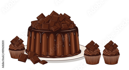 tall chocolate frosted cake and matching cupcakes are decorated with dark chocolate squares for a sweet feast.