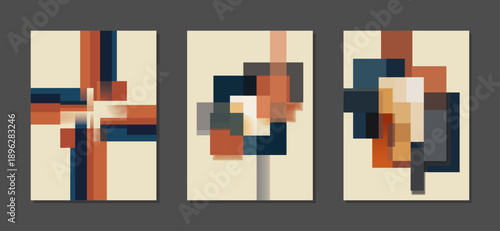 Mid Century Bauhaus Inspired Geometric Abstract Poster Set with Earth Tone Color Blocks