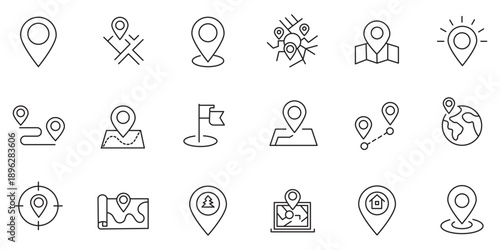Minimal location pin outline icon vector set with modern map pointer navigation symbols